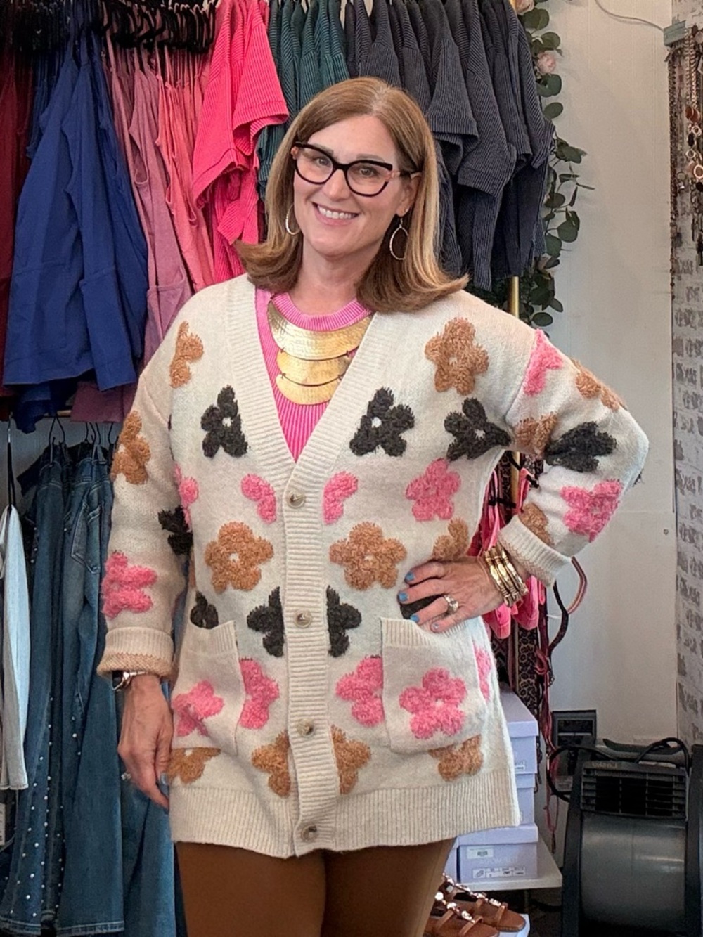 NEW! BiBi Cream Cardigan with Pink, Brown, and Black Floral Appliqués SOFT!!!